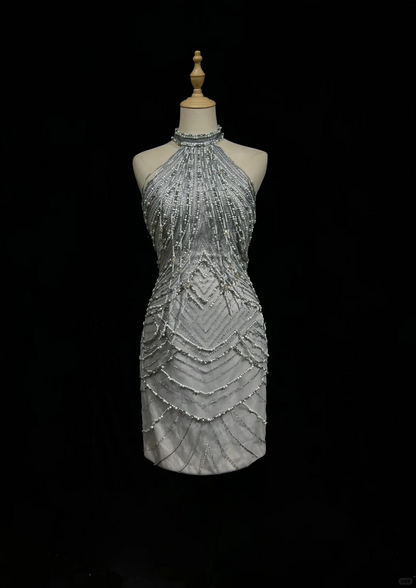 Halter Silver Grey Homecoming Dress Heavy Hand Beading Rhinestone Fringe Sheath Short Formal Gown  NV6886