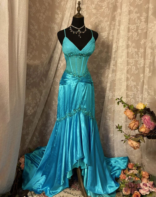 NiceVestidos--Aquamarine Spaghetti - Straps Mermaid - Style Floor - Length Evening Dress (with Diamond Embellishments) NV5764