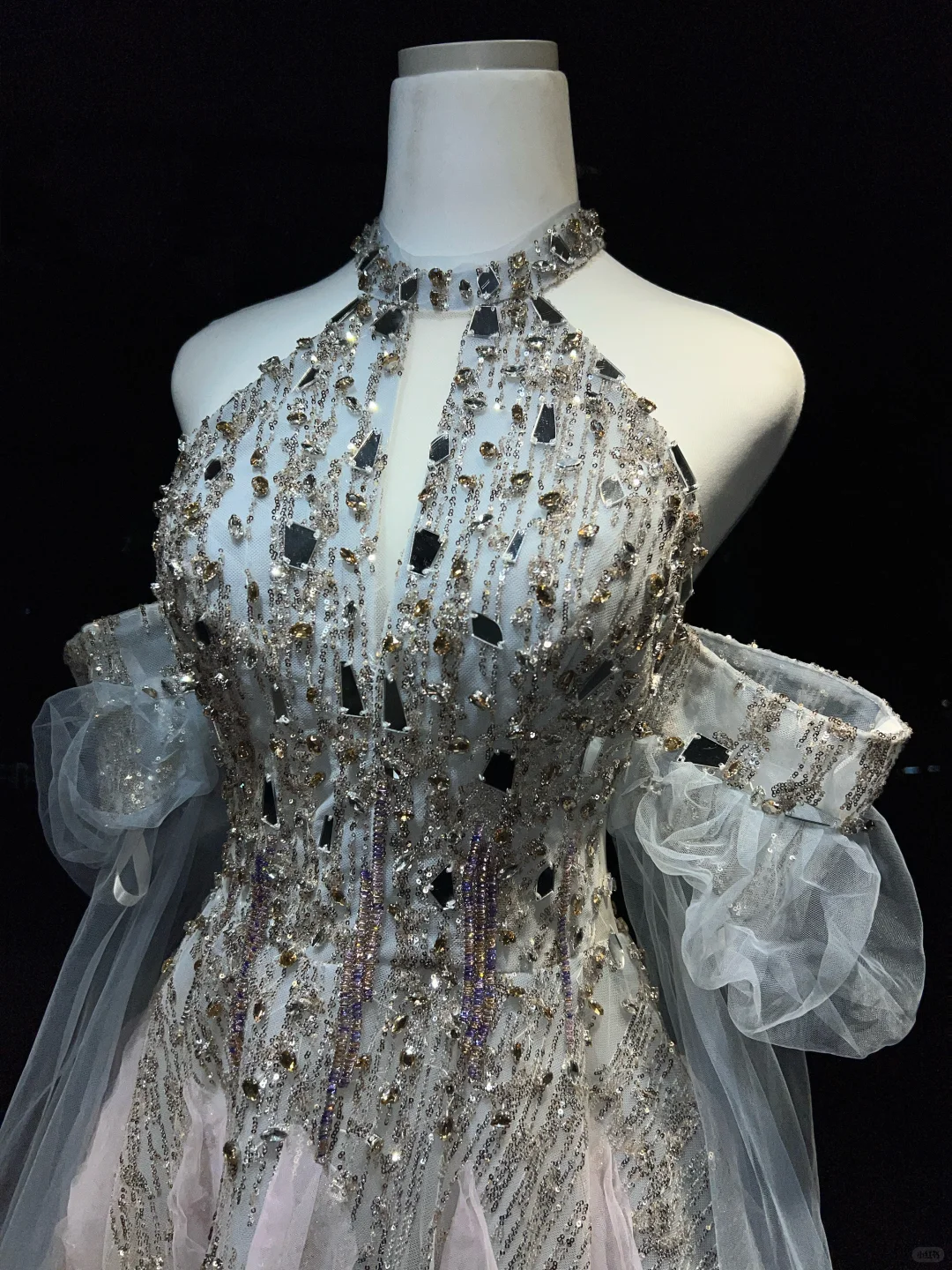 Silver White Sparkly Beaded Mermaid Evening Gown Halter 3D Petal Tulle Prom Dress  NV7070