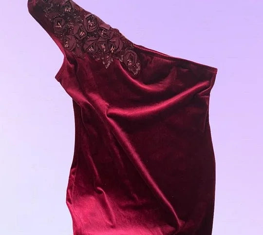 NiceVestidos--Burgundy Retro One-Shoulder Exquisite Floral Long Velvet Prom Dress Nv5580