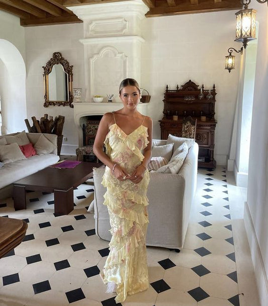 Gelbes Spaghettiträger-Meerjungfrau-Maxikleid mit Spitzenrüschen, langes Ballkleid, Abendkleid, NV2681