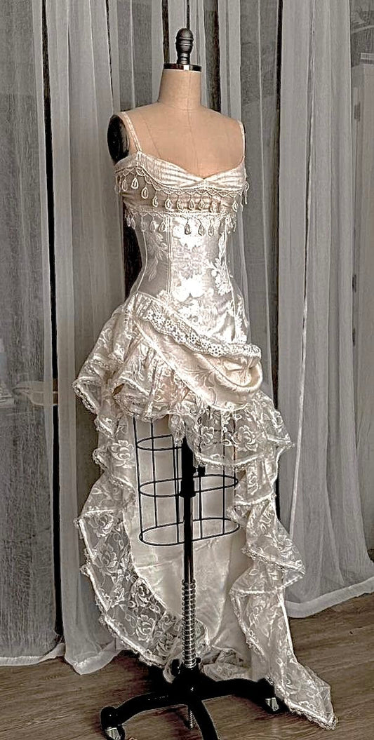 Champagne Gold Satin Spaghetti-Strap Fringe Tiered Gown NV6252