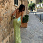 Limettengrünes rückenfreies Maxikleid mit Spaghettiträgern und Pailletten, sexy, elegantes langes Abendkleid, Partykleid, nv2692