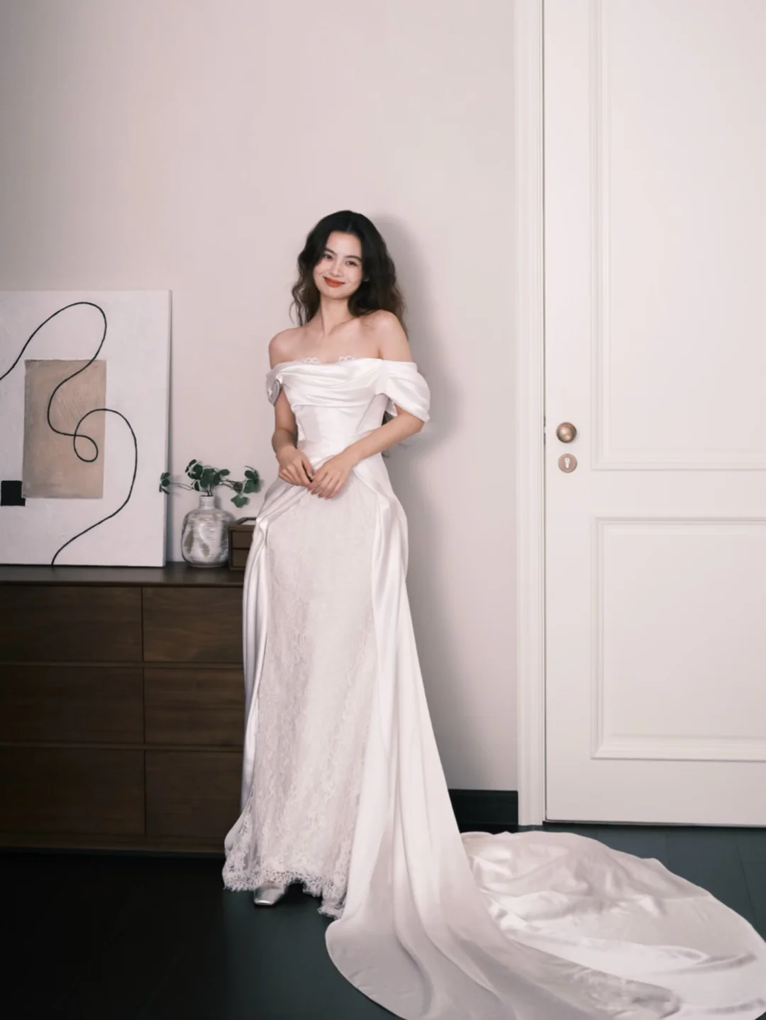 Off Shoulder Draped Satin Lace Mermaid Bridal Dress with Long Train  NV7377