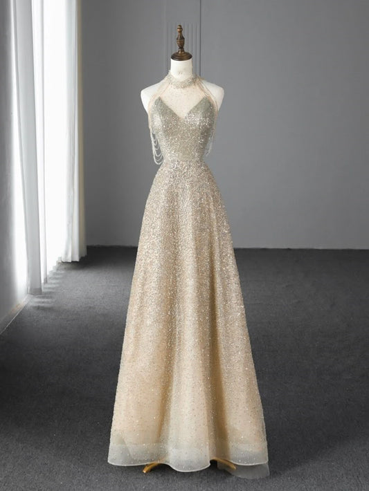 Robe de soirée élégante en tulle, coupe trapèze, dégradé de couleurs champagne, magnifique, exquise, perlée, pailletée, longue, longueur au sol, nv3815