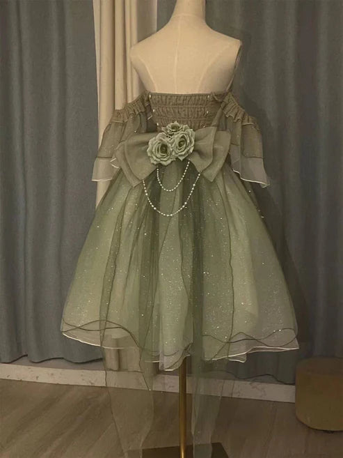 Green Cute Off Shoulder A Line Floral Short tulle Party Dress Mini Birthday Dress Homecoming Dress Prom Dress nv4172