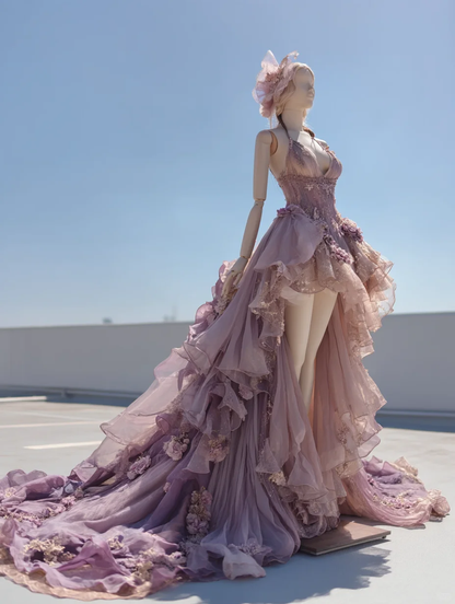 Lavender Purple High Neck Halter Fairy Gown with Cascading Ruffle & Long Train  NV7506