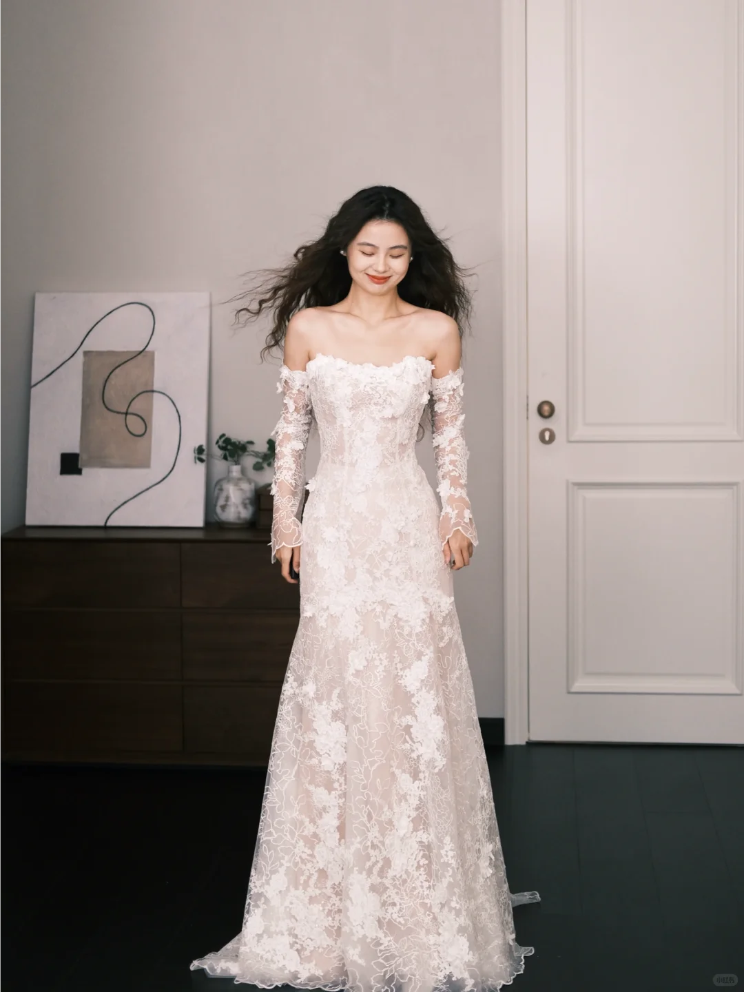 Strapless Mermaid Lace Wedding Dress with Detachable Sheer Long Sleeves  NV7383