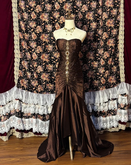 NiceVestidos - Robe de soirée sirène sans manches en velours marron foncé, ornée de sequins, longueur au sol, avec perles exquises, NV5785