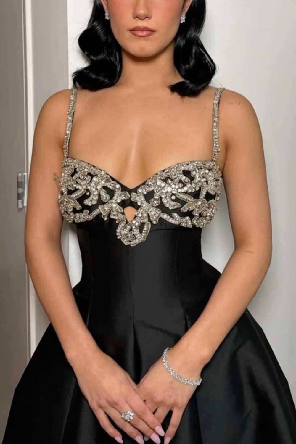 Luxury Palace Style Spaghetti Strap Beaded Gown | Black Satin Ballgown Train Maxi Dress for Red Carpet Gala Awards Ceremony High-End Social Event NV6270