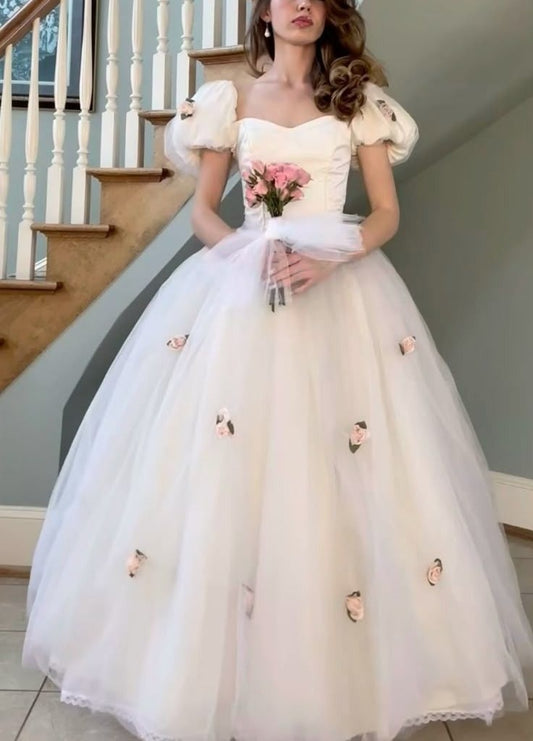 NiceVestidos--(Including veil)White pink floral princess tulle long ball gown simple wedding dress NV5828