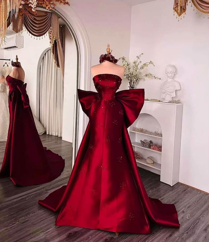 Red shiny long satin ball gown evening dress nv4909