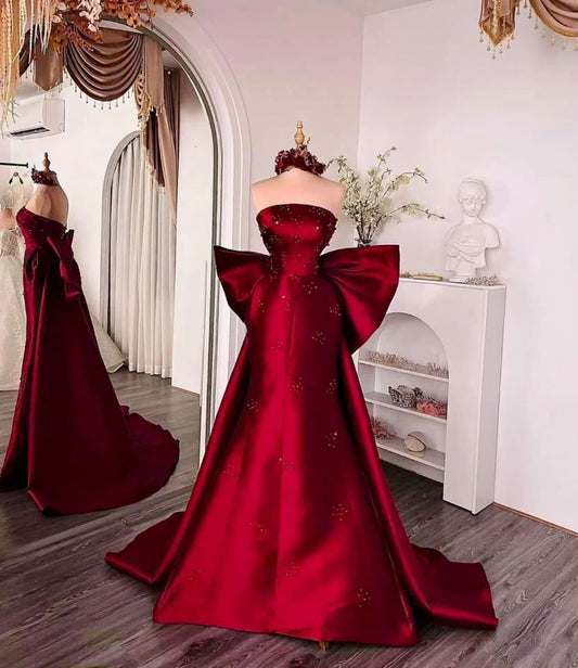 NiceVestidos--Burgundy Satin Strapless Gown with Large Bow, Gorgeous Train Banquet Dress NV5757