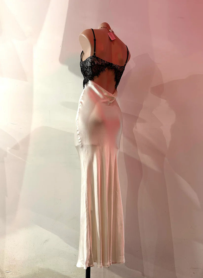 Beautiful Cream Stunning Black Lace Long Backless Satin Party Gown Evening Dress Accompanying Dress nv4106