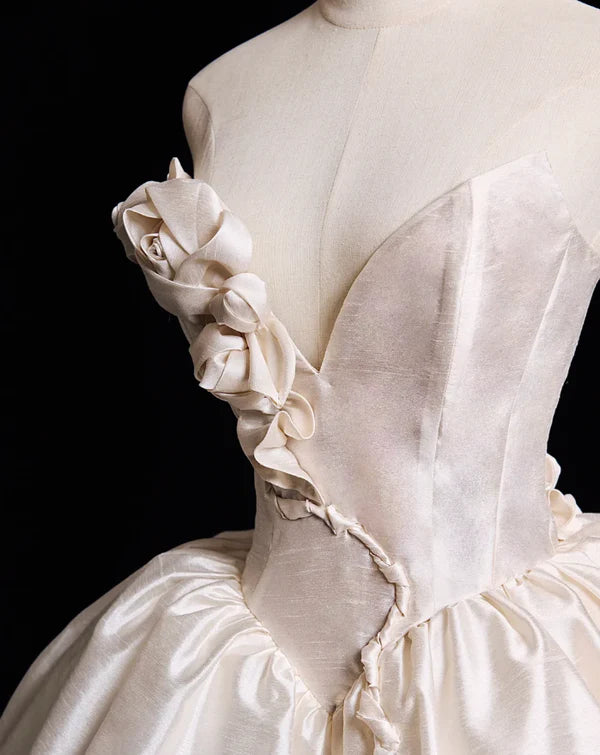 Cute A Line V Neck 3D Floral White Satin Short Homecoming Dress Birthday Dress nv5395