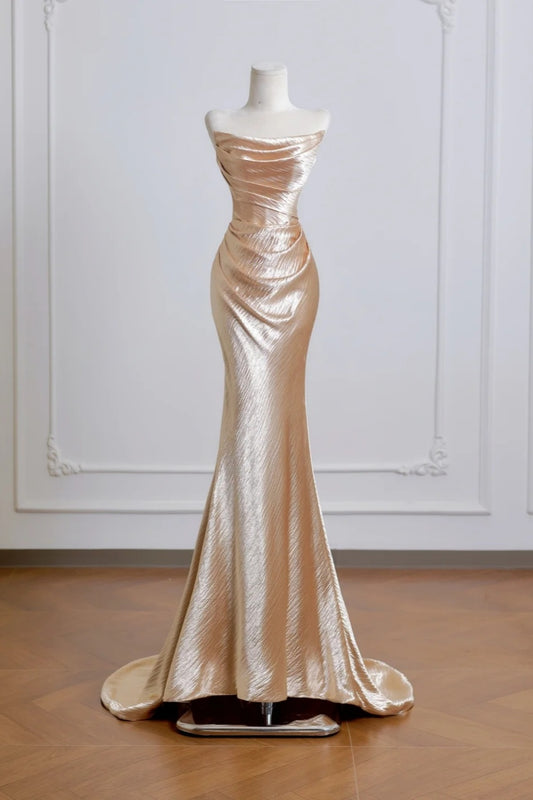 Champagne Strapless Water Ripple Mermaid Formal Gown for Party with Train NV6878