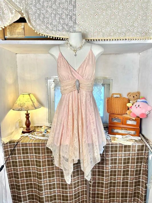 Light pink retro elegant short lace chiffon homecoming dress birthday dress nv5169