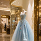 Blue shiny elegant rhinestone long princess tulle ball gown evening dress nv4432
