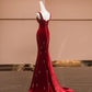 Red Exquisite Beaded Long Velvet Mermaid Slim Prom Dress Evening Dress Party Dress nv4730
