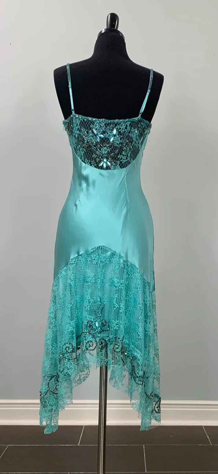 Blue Vintage Exquisite Beaded Lace Spaghetti Strap Long Prom Gown Evening Dress Party Dress nv3540