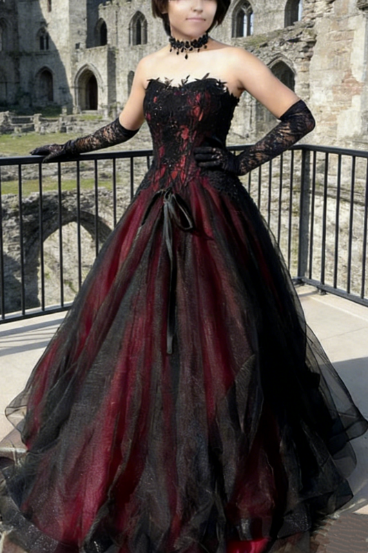 Schwarz-rotes, trägerloses Abendkleid mit Farbverlauf – Glitzerndes Ballkleid mit Spitzenkorsett und Glitzer, Maxikleid für Ball/Abendmode NV6805