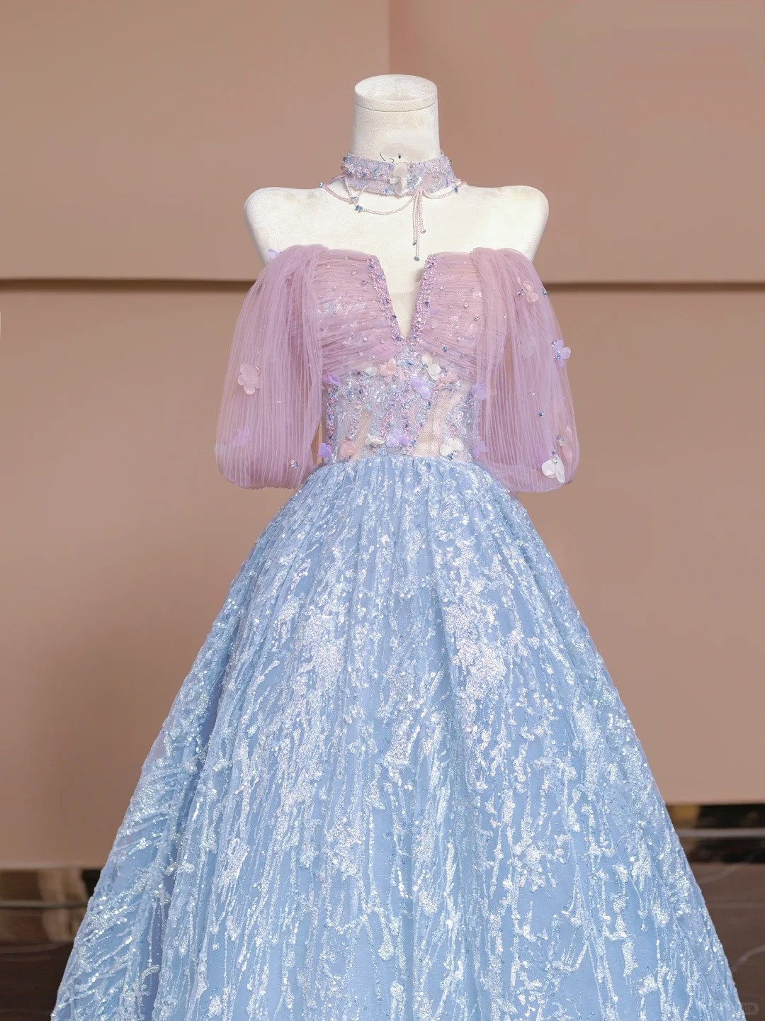 Pink Blue Beaded Long Tulle Floor Length Ball Gown Evening Dress nv5052