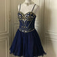 Navy Beaded Short Tulle Princess Homecoming Dress Birthday Party Dress nv4713