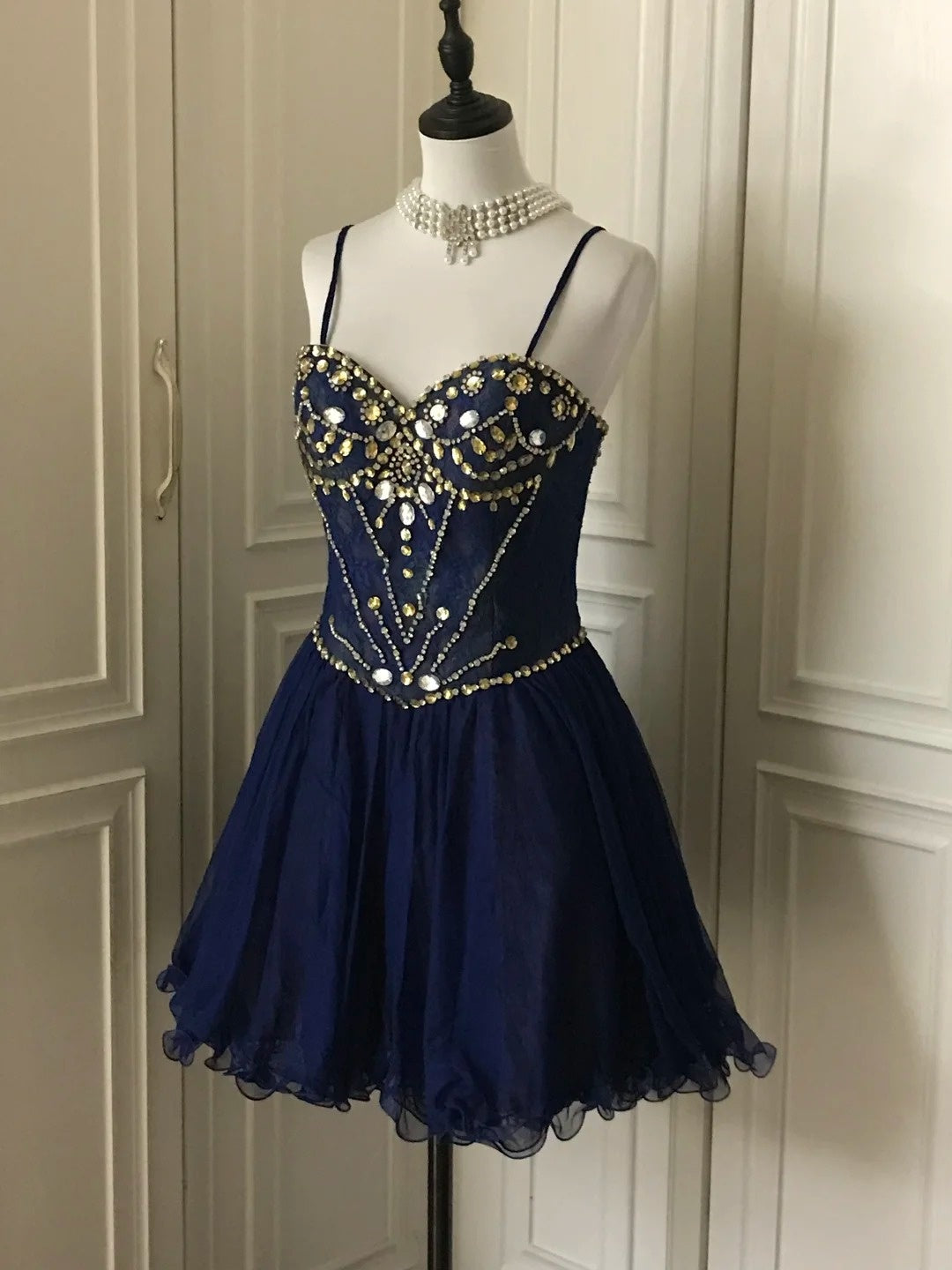 Navy Beaded Short Tulle Princess Homecoming Dress Birthday Party Dress nv4713