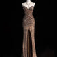 Brown Gold sequins shiny gorgeous elegant beautiful spaghetti straps long sexy slit sequins floor-length ball gown evening dress nv4276