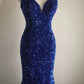 Royal blue vintage elegant pleated long sequin velvet beaded mermaid fishtail slim floor-length tail ball gown evening dress party dress wedding dress nv4123