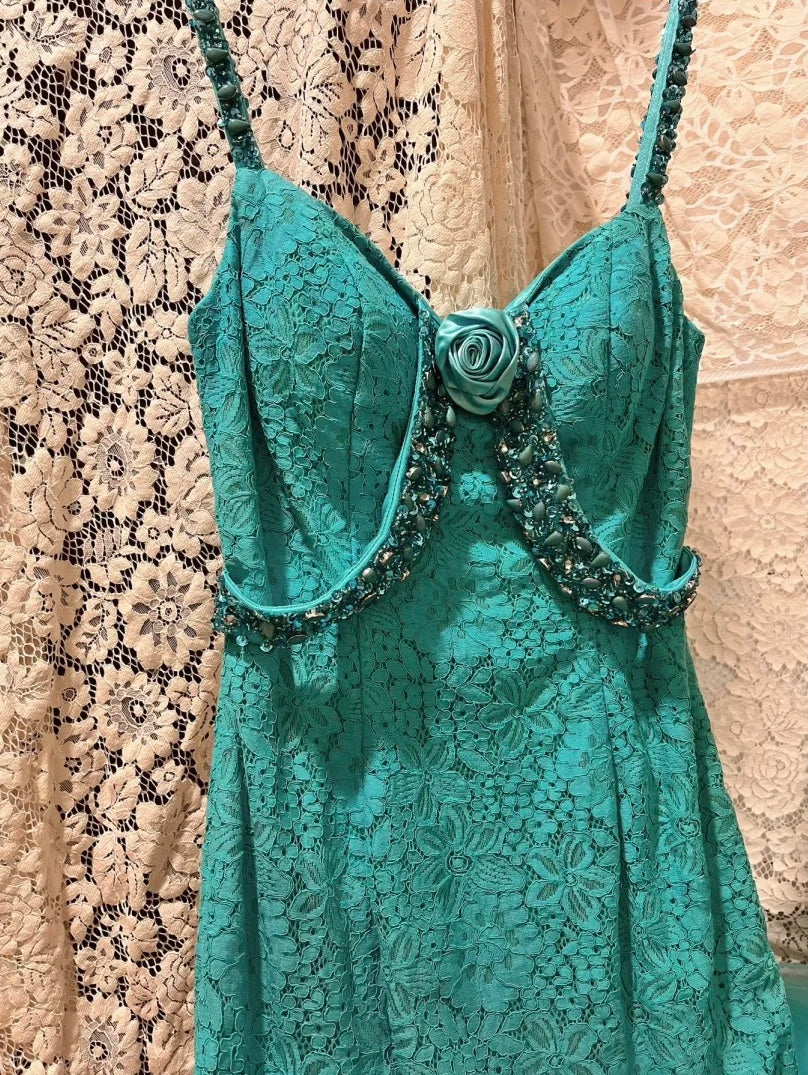 Blue Beaded Beautiful Mermaid Long Lace Tulle Ball Gown Evening Gown Party Dress nv4324