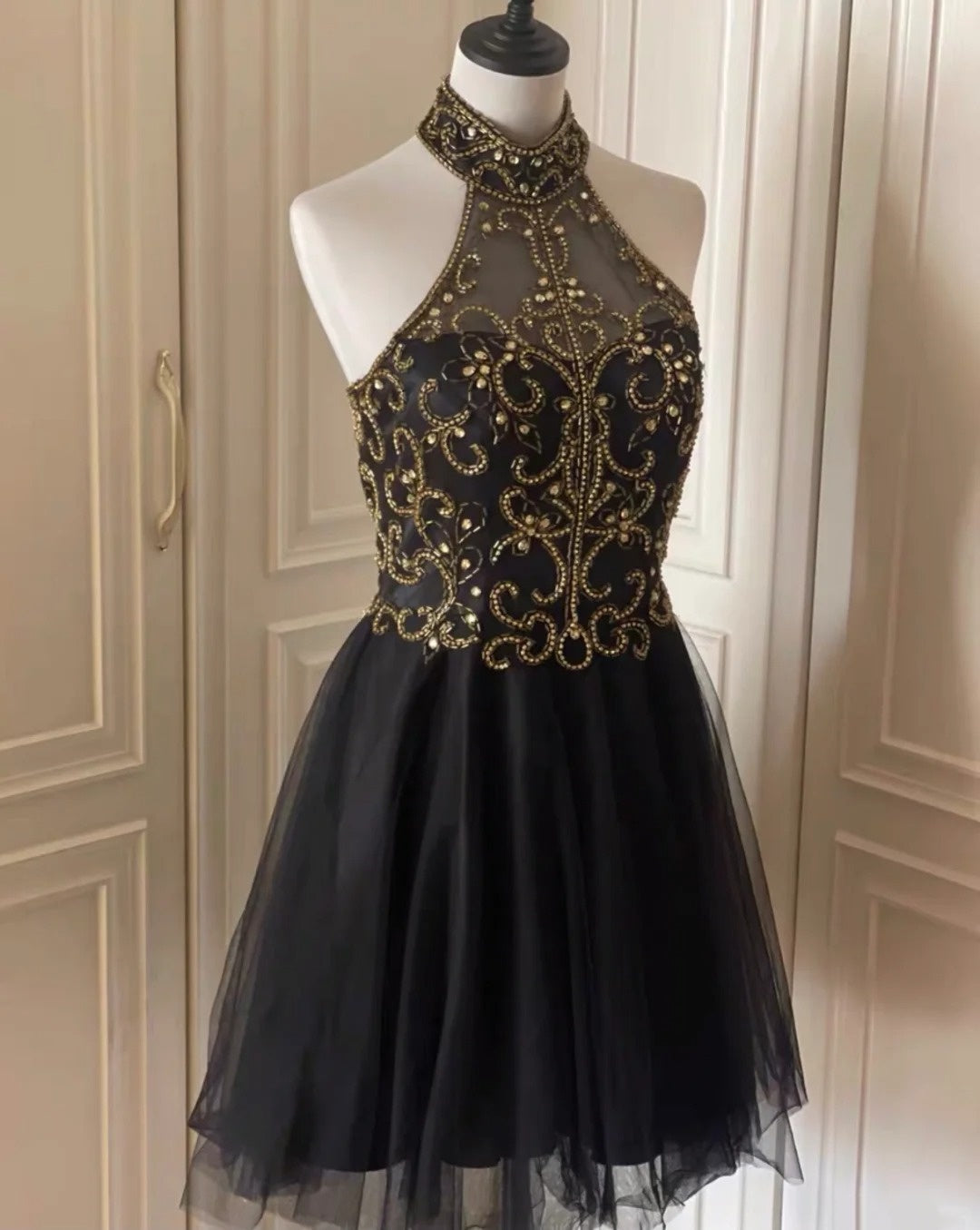 Black gold beaded short vintage homecoming dress birthday party dress nv4711