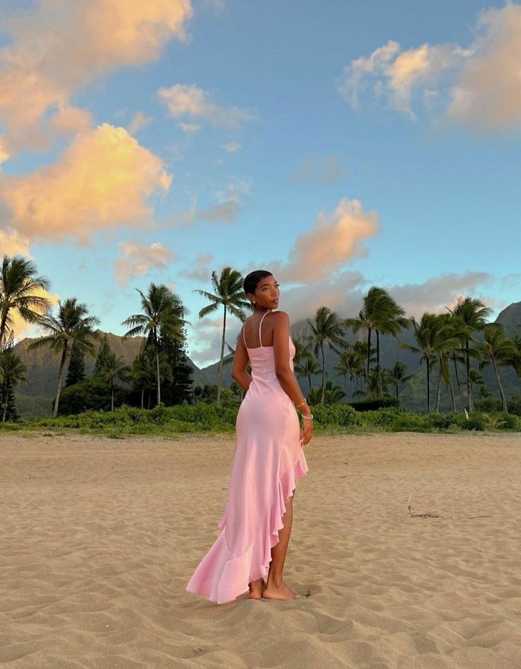 Rosa Mode Elegant Spaghetti Strap Lange Satin Rüschen Ballkleid Abendkleid Urlaub Party Kleid nv3494