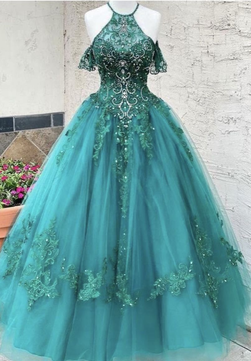 Robe de bal longue à manches courtes, dos nu, en tulle et dentelle turquoise NiceVestidos NV6167