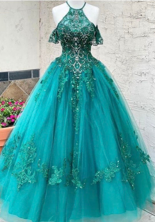 NiceVestidos-Teal Tulle and Lace Paneled Halter Short Sleeve Floor-Length Ball Gown NV6167