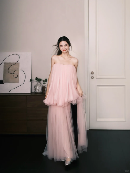 Strapless Blush Pink Bubble Tulle Two Piece Formal Dress with Sheer Pants  NV7364
