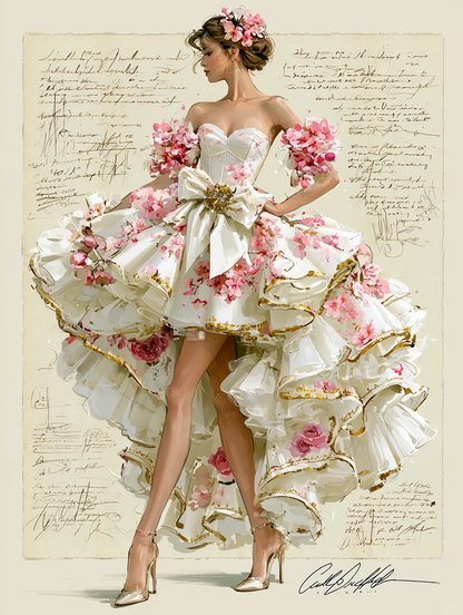 3D Pink Floral Sweetheart Strapless High Low Ruffle Prom Dress with Gold Trim and Floral Cuffs  NV7402