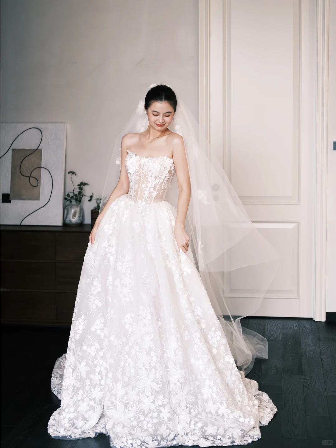 Off Shoulder Ivory Lace Wedding Gown, 3D Floral Appliques Sheer Corset Ballgown Bridal Dress  NV7392