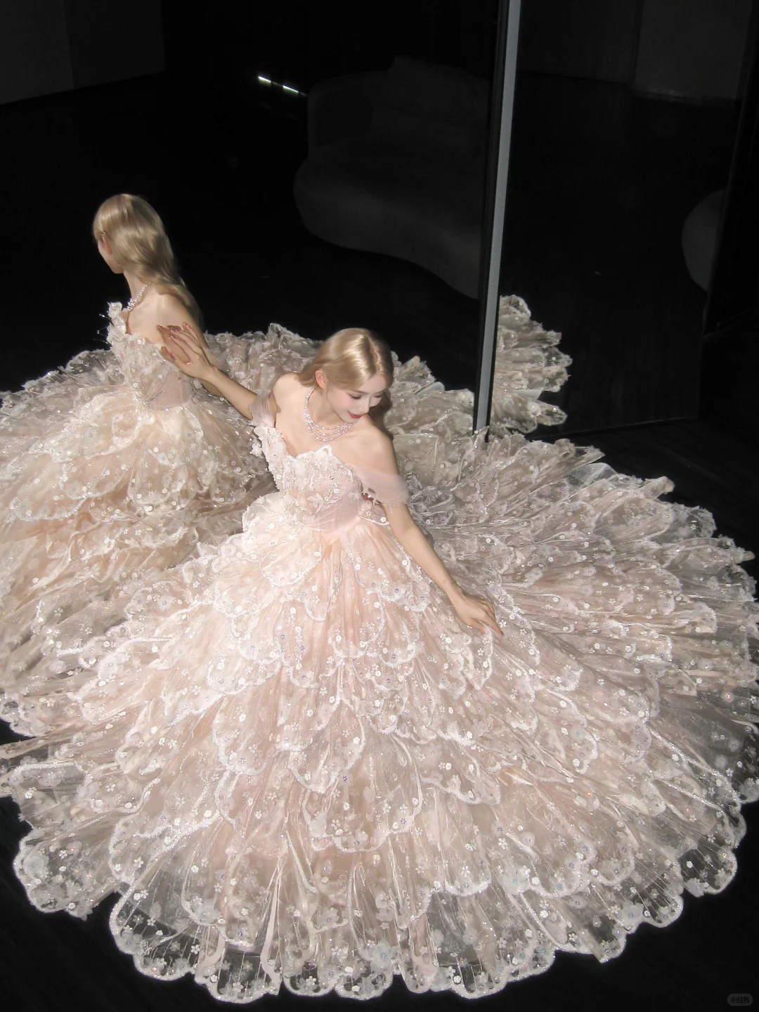 Off Shoulder Light Pink Ball Gown Prom Dress, Tiered Scalloped Tulle Beaded Evening Gown  NV7108