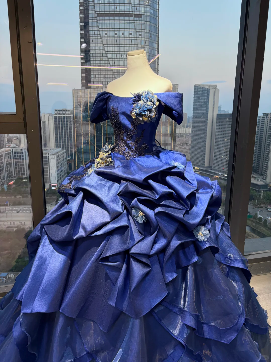 Royal Blue Off Shoulder Princess Ball Gown Puff Sleeve Beaded Embroidery 3D Flower Ruffled Satin Tulle Long Evening Gown  NV6999