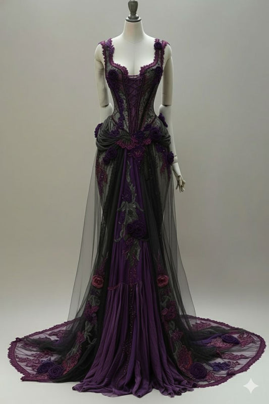 Dark Romantic Style Lace Corset Gown | Purple-Black Contrast 3D Flower Mermaid Train Maxi Dress for Retro Theme Party High-End Dinner NV6276