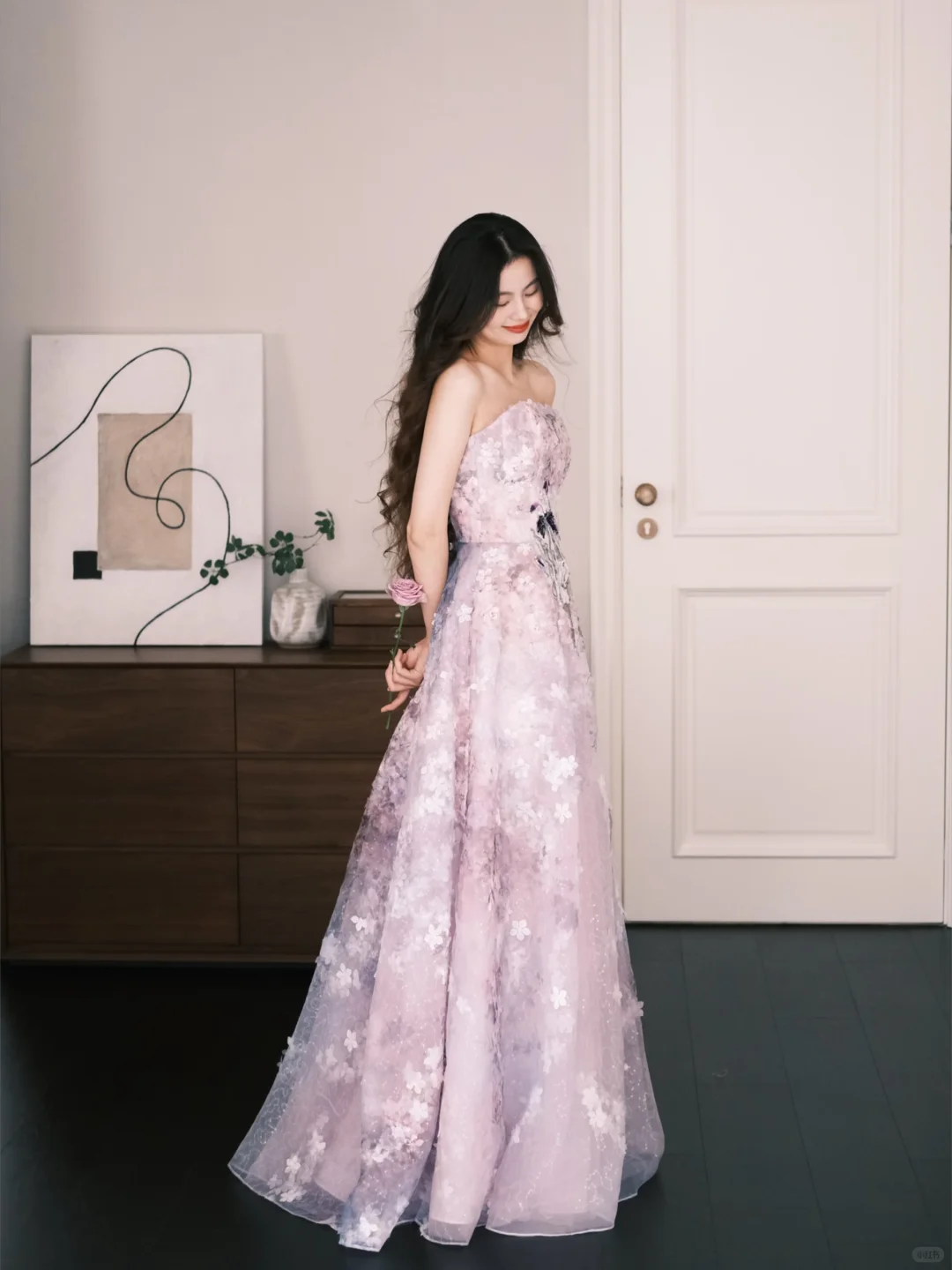 Pink Purple Ombre Strapless 3D Floral Prom Dress  NV7225