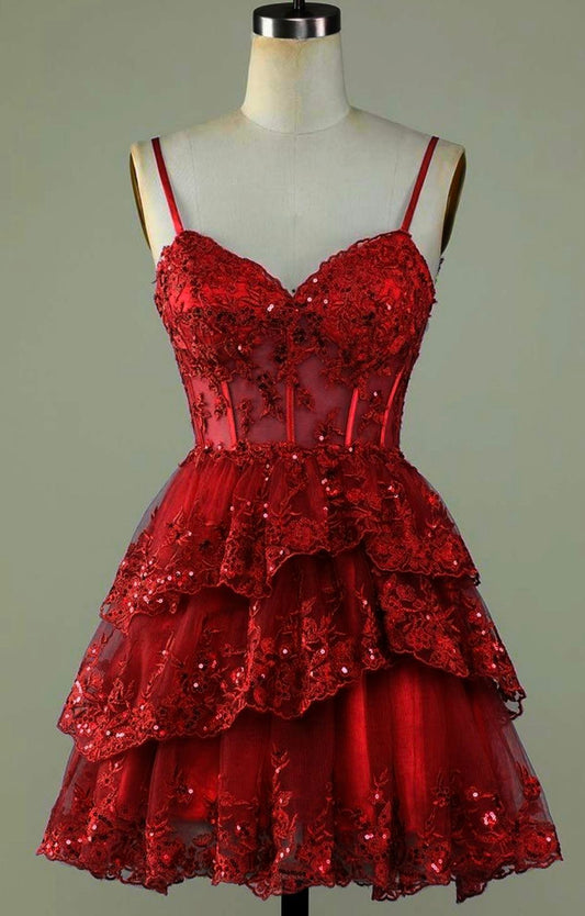 Robe de soirée courte en tulle à volants et paillettes brillantes rouges nv4933
