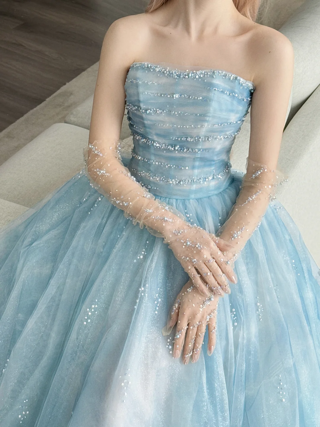 Ice Blue Strapless Glitter Tulle Ball Gown Prom Dress With Beading  NV7139