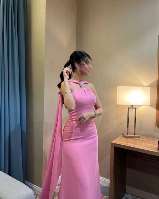 Robe de soirée longue rose simple et élégante avec bretelles et ruban nv2440