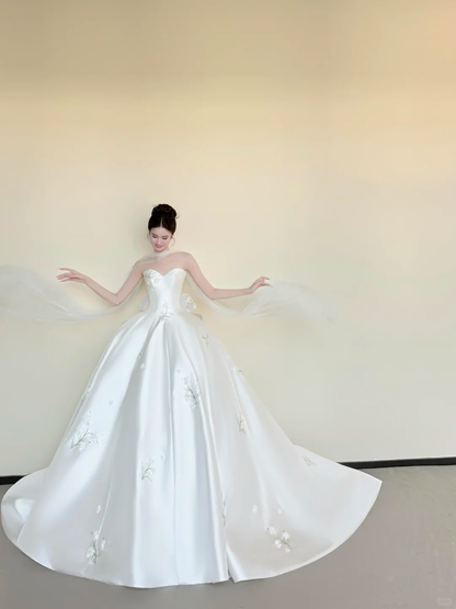 White Sweetheart Satin Ballgown Wedding Dress, Floral Embroidery Tulle Cape Bridal Gown  NV7440
