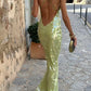 Limettengrünes rückenfreies Maxikleid mit Spaghettiträgern und Pailletten, sexy, elegantes langes Abendkleid, Partykleid, nv2692