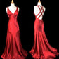 Rotes, elegantes V-förmiges, bodenlanges Satin-Ballkleid mit Schleppe, Abendkleid, Geburtstagspartykleid, Ballkleid, NV3950