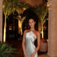 Hellsilbernes, modisches, trägerloses, schulterfreies, schmal geschnittenes Spitzenkleid mit langer, eindrucksvoller Ballkleid-Abendkleid-Partykleid nv2577