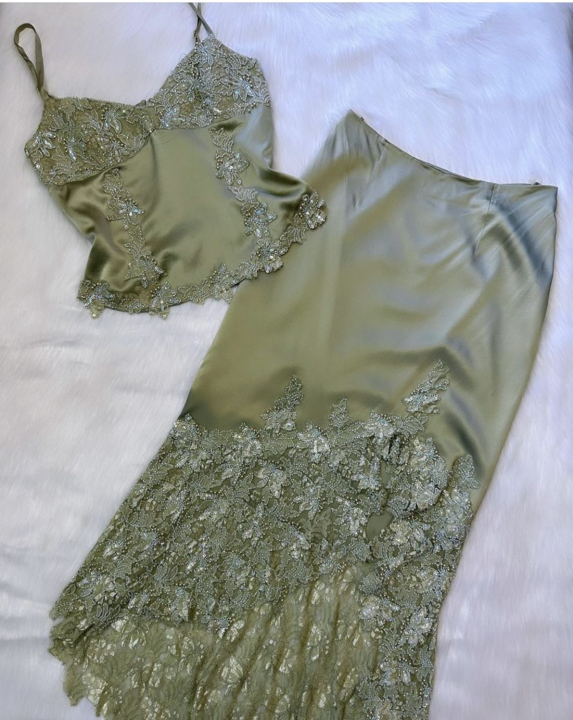 Green exquisite floral two-piece long satin prom dress evening dress party dress nv5347